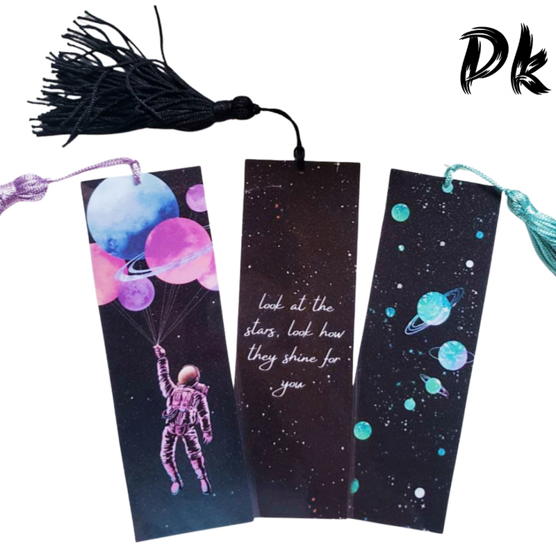 KIT 3 Marcadores de páginas Luas Planetas Galáxia Estrelas Cosmos Lua com ou sem tassel Plastificado