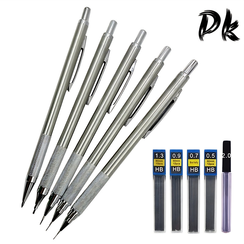 Metal lápis mecânico conjunto com Pen Box, apontador de lápis automático, Art Sketch, Eraser chumbo, 0.3mm, 0.5mm, 0.7mm, 0.9mm, 1.3mm, 2.0mm